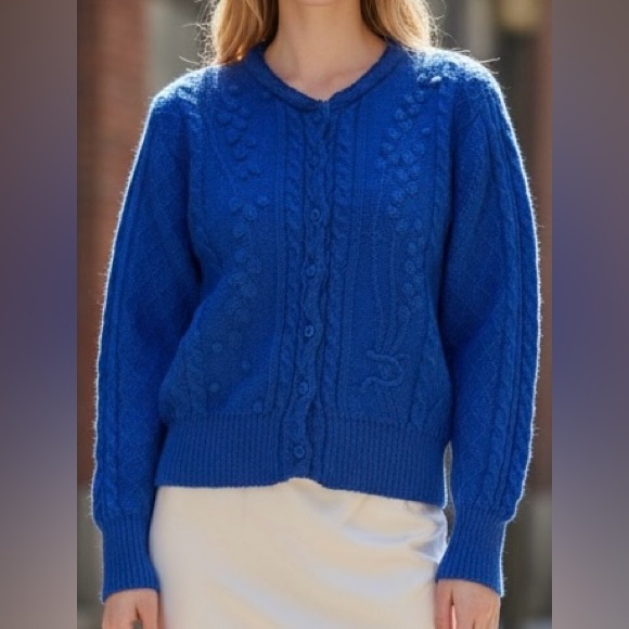 Peruvian Connection Sweaters - Peruvian Connection 100% Alpaca Cable Knit Cardigan Sweater - Blue Size Small